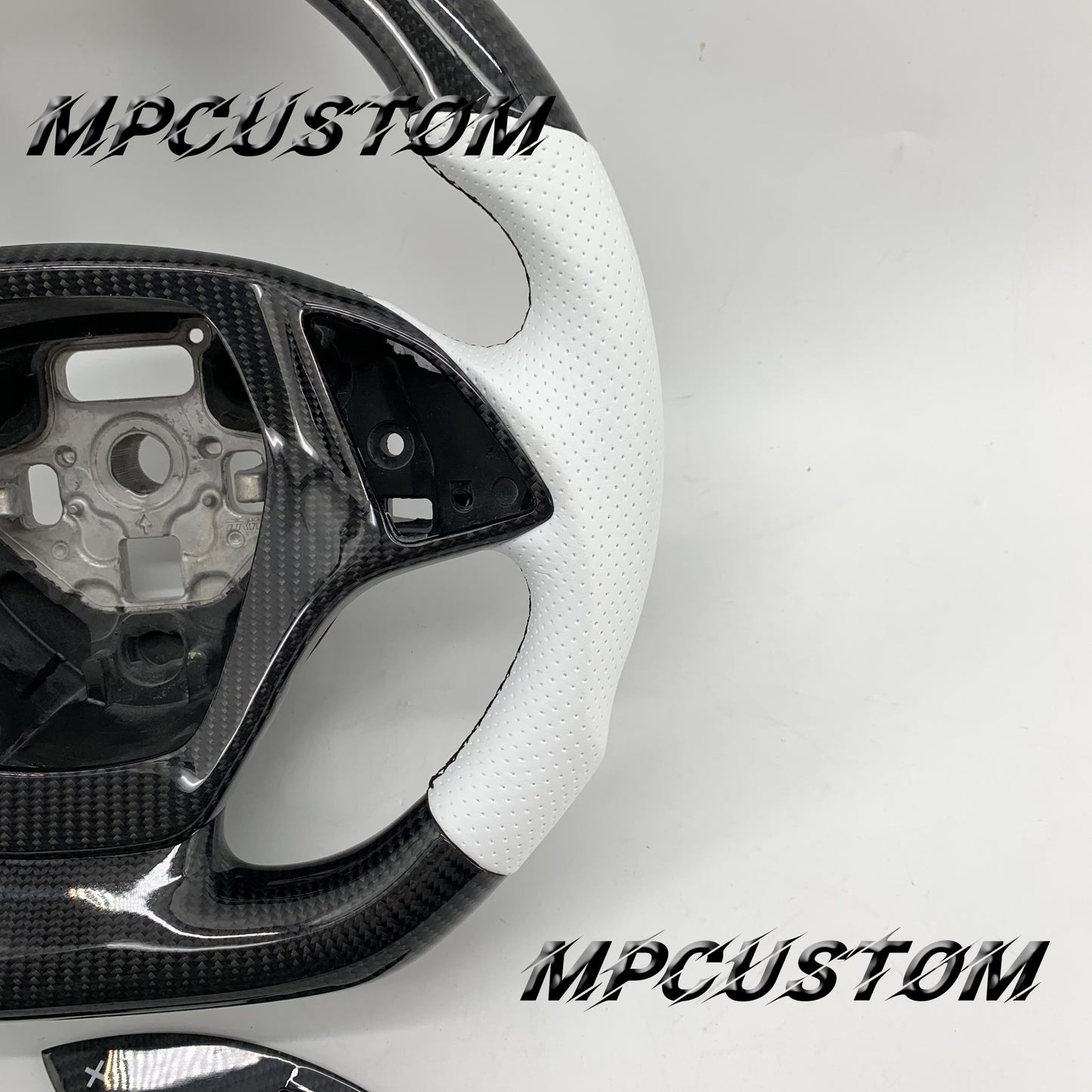 Mpcustom for Chevrolet Corvette C8 2020+ carbon fiber steering wheel round top and white perforated leather