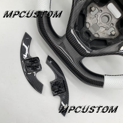 Mpcustom for Chevrolet Corvette C8 2020+ carbon fiber steering wheel round top and white perforated leather