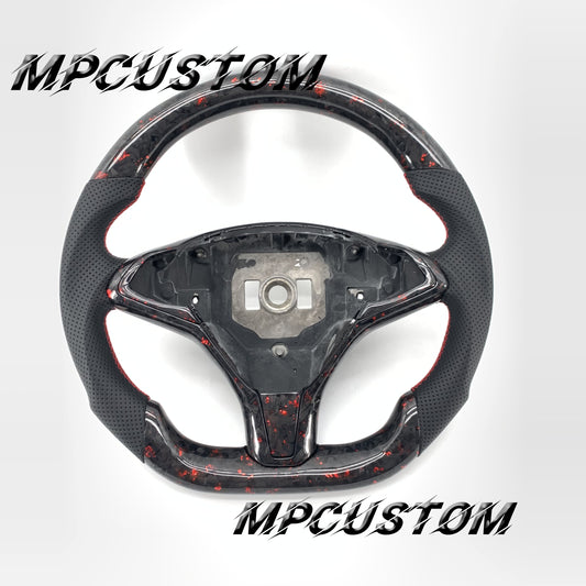Mpcustom for Tesla model S X carbon fiber steering wheel gloss and red stitching