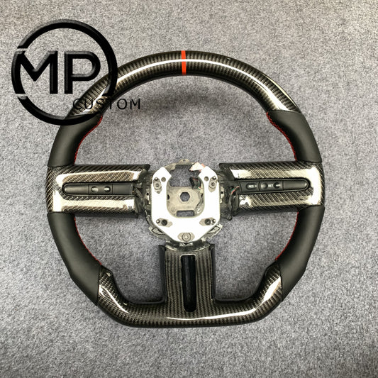 MPCUSTOM Fit For Ford mustang 2005-2009 carbon fiber steering wheel black smooth leather red center line