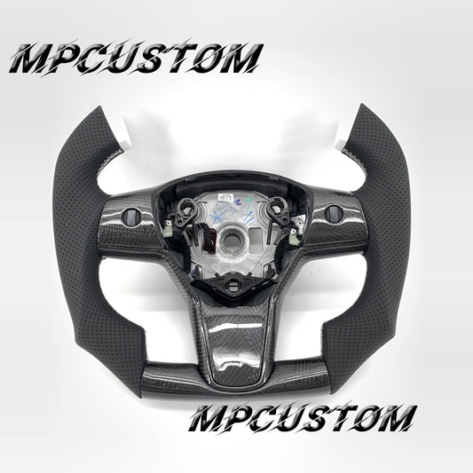 Mpcustom for Tesla model 3 Y carbon fiber steering wheel white stitching and flat bottom