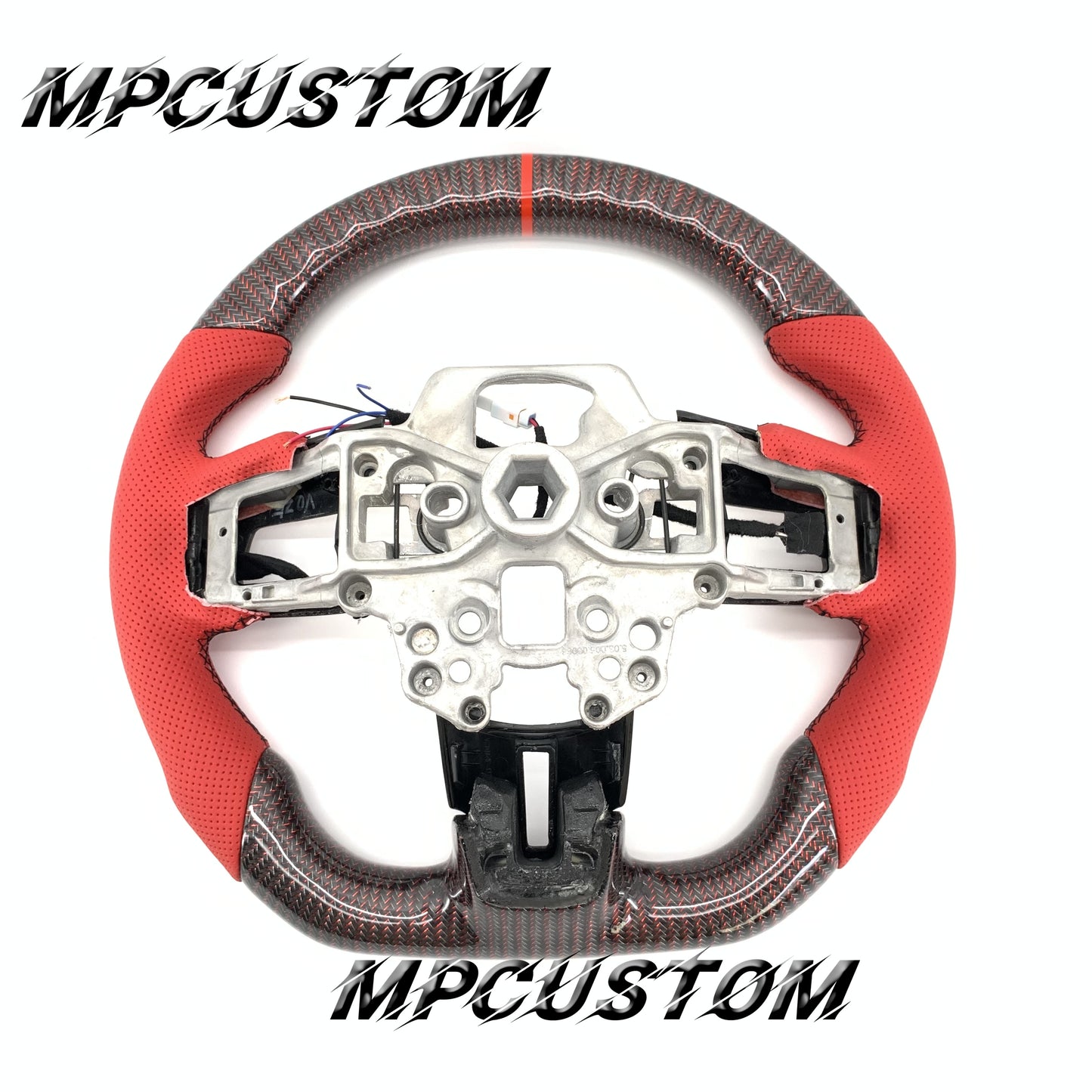 Mpcustom for Ford Mustang 2018-2022 carbon fiber steering wheel gloss and red perforated leather