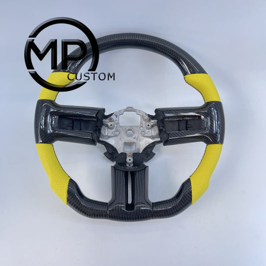 MPCUSTOM Fit For Ford mustang 2010-2014 gt GT500 shelby gloss carbon fiber steering wheel yellow perforated leather