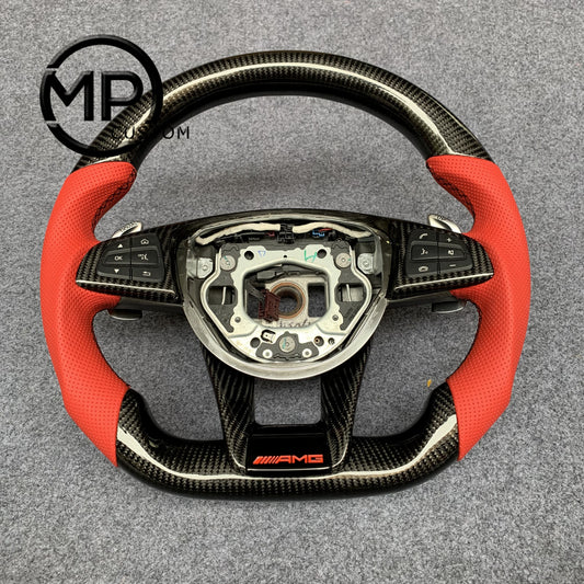 MPCUSTOM Fit For Mercedes Benz AMG 808 W205 GLA45 S63 C43 carbon fiber steering wheel red perforated leather