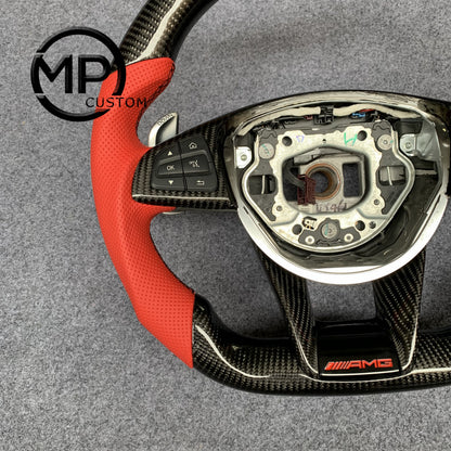 MPCUSTOM Fit For Mercedes Benz AMG 808 W205 GLA45 S63 C43 carbon fiber steering wheel red perforated leather